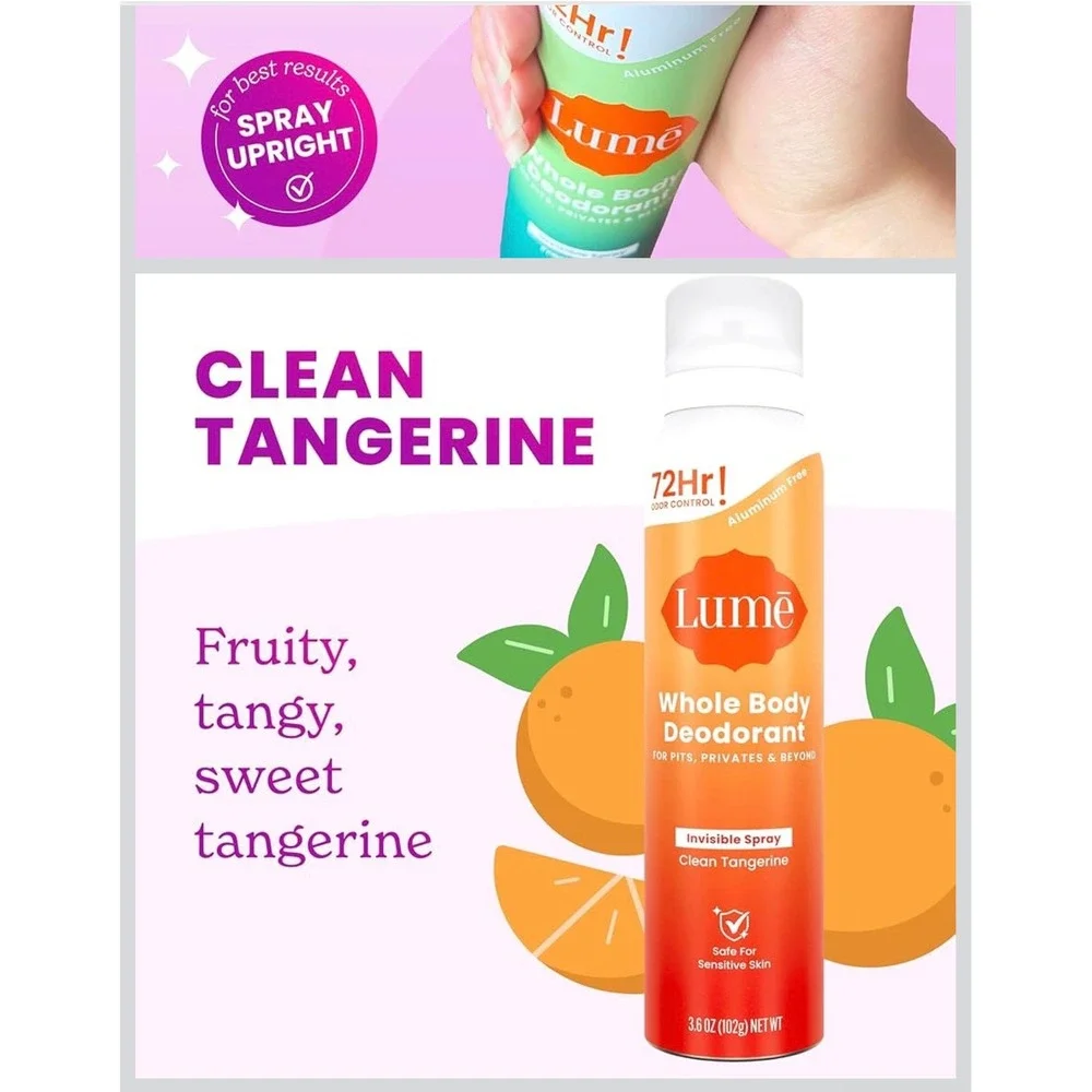 Lume Whole Body Deodorant Invisible Spray Clean Tangerine 3.6oz 3‎ Pack New